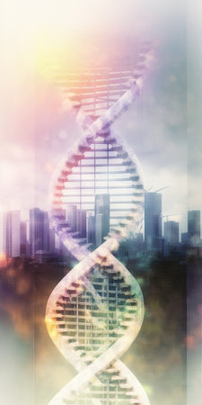 Science and biology concept DNA hologram over background of hazy skyscrapers. Multiexposureの素材