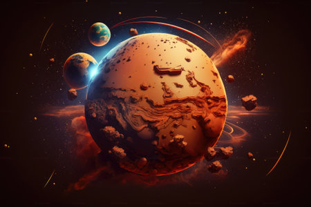Illustration of the planet Mars in orbit with a satelliteの素材