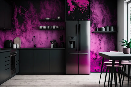 Vivid magenta walls serve as the background for this ultra modern kitchenの素材