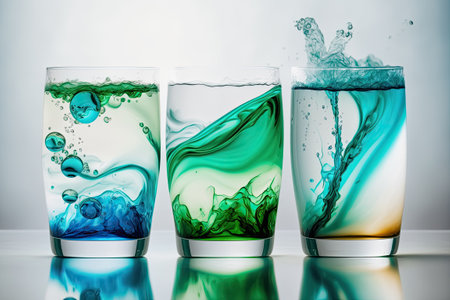 Mixed drinks in glass jars maybe Mojitos floating on a body of water. White room for copyingの素材