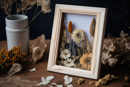 false portrait frame on wooden table with dried flowers. excellent photoの素材