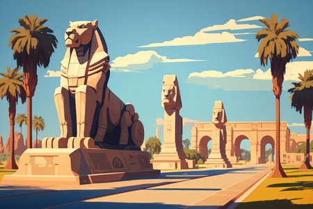 Sphinx Allee (Avenue of the Sphinxes) in Luxor Egypt on a beautiful dayの素材