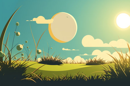grassy field clear sky and sunの素材