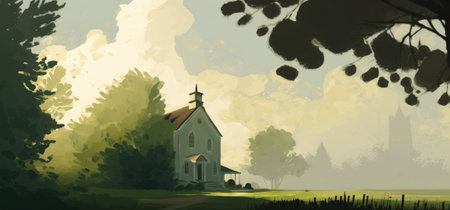 late afternoon sky mist and a june lawnの素材