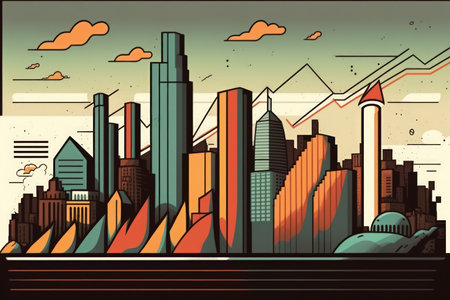 a financial chart with a background of a cityscape and lofty buildings. Analysis ideaの素材