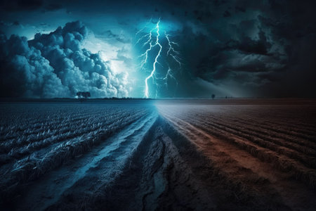 Lightning and thunder in a freshly plowed field. Stormy weather in the backgroundの素材