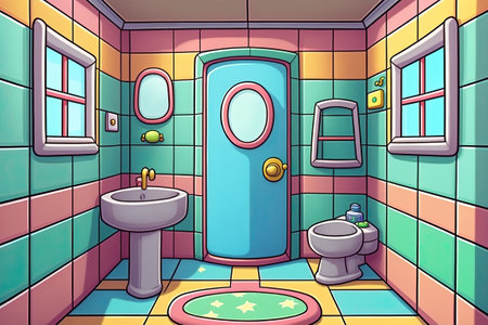 Cartoon of a colorfully empty restroom for kidsの素材