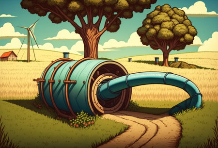 A pipeline carrying water from a tube well that is being used to irrigate fields of cropsの素材