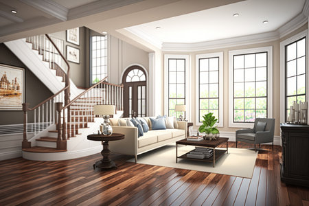 Beautiful living room with hardwood floors in new luxury homeの素材
