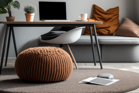 Brown carpet between pouf and grey sofa in white home office interior with chair at desk. Real photoの素材