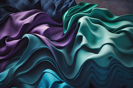 Fashionable wallpaper featuring a ruffled textile on a wavy background in violet and blueの素材