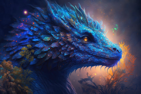 Colorful glow and mist surround a dragon in this illustrationの素材