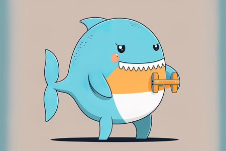 Cute shark with muscular cartoon drawing as an icon. Animal sport symbol idea flat illustrationの素材