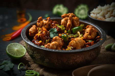 Selective focus on Gobi Manchurian dry a popular street meal in India made with cauliflower floretsの素材