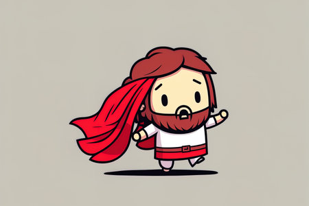 Jesus under a crimson garment and as a hero. White backdrop with an isolated chibi cartoon figureの素材