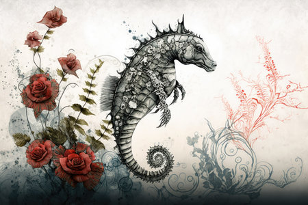 Dreamlike mixed media image of a seahorse and rosesの素材
