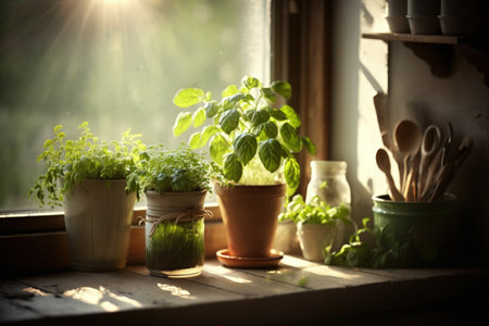 On a windowsill there are herbs growing in plantersの素材