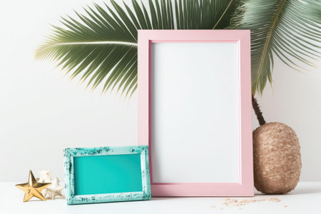 Pink frame mockup with beach coconut tree and house decor on white backgroundの素材