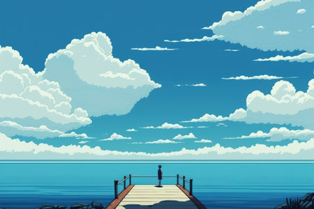 Lake water and sky are blueの素材