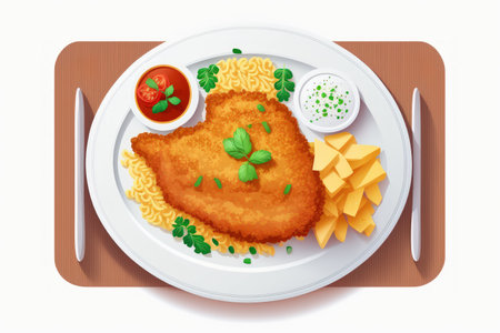 plate of chicken schnitzel isolated on white background top viewの素材