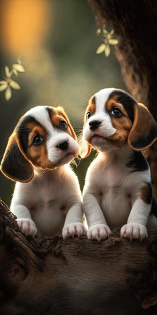 Two little beagle puppies playing in natureの素材