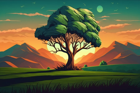 Tree on green grass blue sky and mountains in the distance light at sunset or sunriseの素材