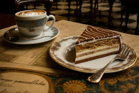 Traditional Esterhazy cake torte with coffee in Hungary. a marble floor. Up closeの素材
