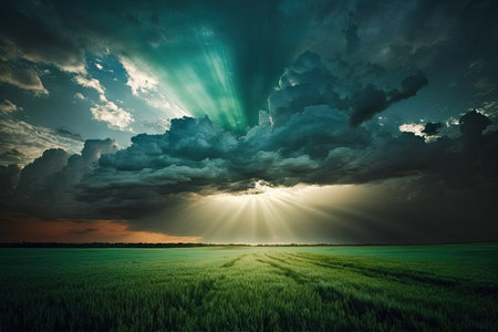 cloudy dramatic sunset sky with a green field and rays of sunlight peeking throughの素材