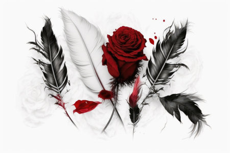 White background with red roses. Feathers from a red roseの素材