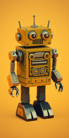 Vintage tin robot toy isolated on a yellow backgroundの素材