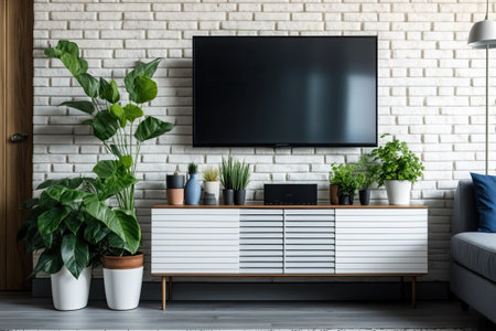 Brick walls of the TV room are accented by slatted furniture storage and plantersの素材