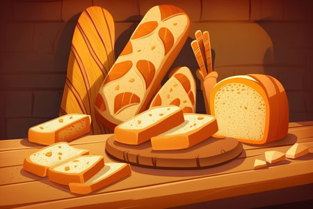 recent bread baking. French bread. French baguette in slices. selective attentionの素材