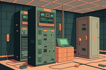 The data center has a server room with contemporary communication hardwareの素材