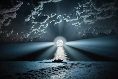 Moonlight through the clouds reflecting off of water and a boat an evocative sceneの素材