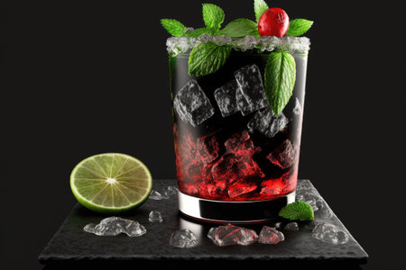 A mojito cocktail sits on a table made of black stone. Complete with a blank copy areaの素材