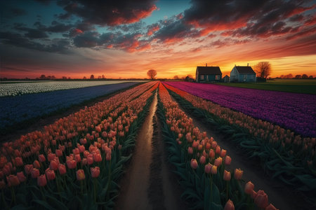 Blossoming tulip fields in a dutch landscape at sunset in the Netherlandsの素材