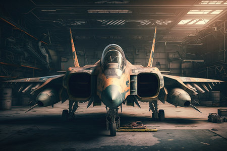 Frontal view of a military fighter plane in a hangar at an undisclosed locationの素材
