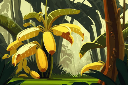 Banana tree in plantation rain forest with bunch of ripe yellow bananas growing on itの素材