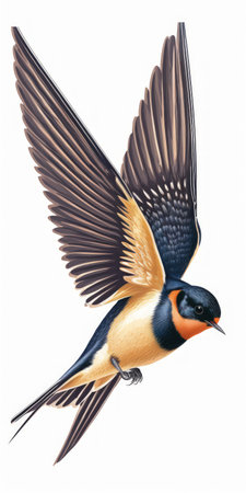 Barn Swallow Flying wings spread bird Hirundo rustica flying against white backgroundの素材
