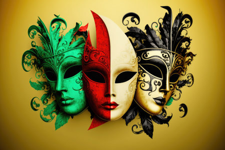 On a sunny yellow background a riot of masquerade or mardi gras masks. Masks typical to Veniceの素材