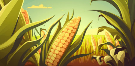 Close up corn cobs in corn plantation fieldの素材