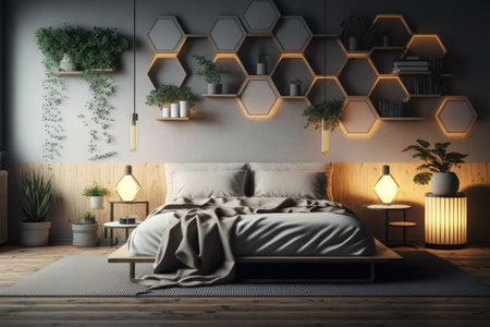 Japanese-style hexagon bed shelf with plants and lamps on wooden floor. redneringの素材
