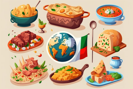 Different countries cuisine. Varied dishes prepared form meat or vegetablesの素材