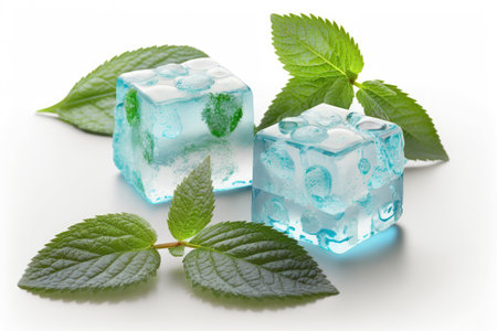 Ice cubes with fresh mint leaves on a white backgroundの素材