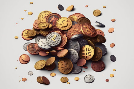 On a white background old coins are scatteredの素材