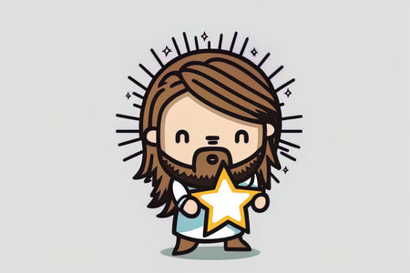 Jesus clutching a large star is cute. White backdrop with an isolated chibi cartoon figureの素材