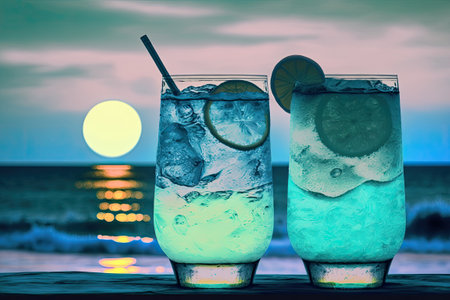 In the glow of the setting sun two mojitos are enjoyed on the beachの素材