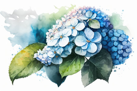 Watercolor painting of a hydrangea. Flowers in blue and white for the summerの素材