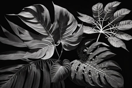 The green leaves and palm trees of nature up close. Tropical leaf in a black and white flat layの素材