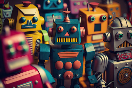 Close up view of colorful mixed vintage tin robot toys collectionの素材